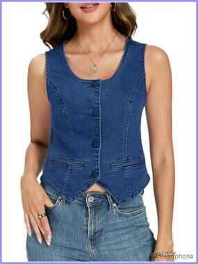 Women's Cropped Denim Vest - Square Neck Sleeveless Jean Waistcoat Y2K